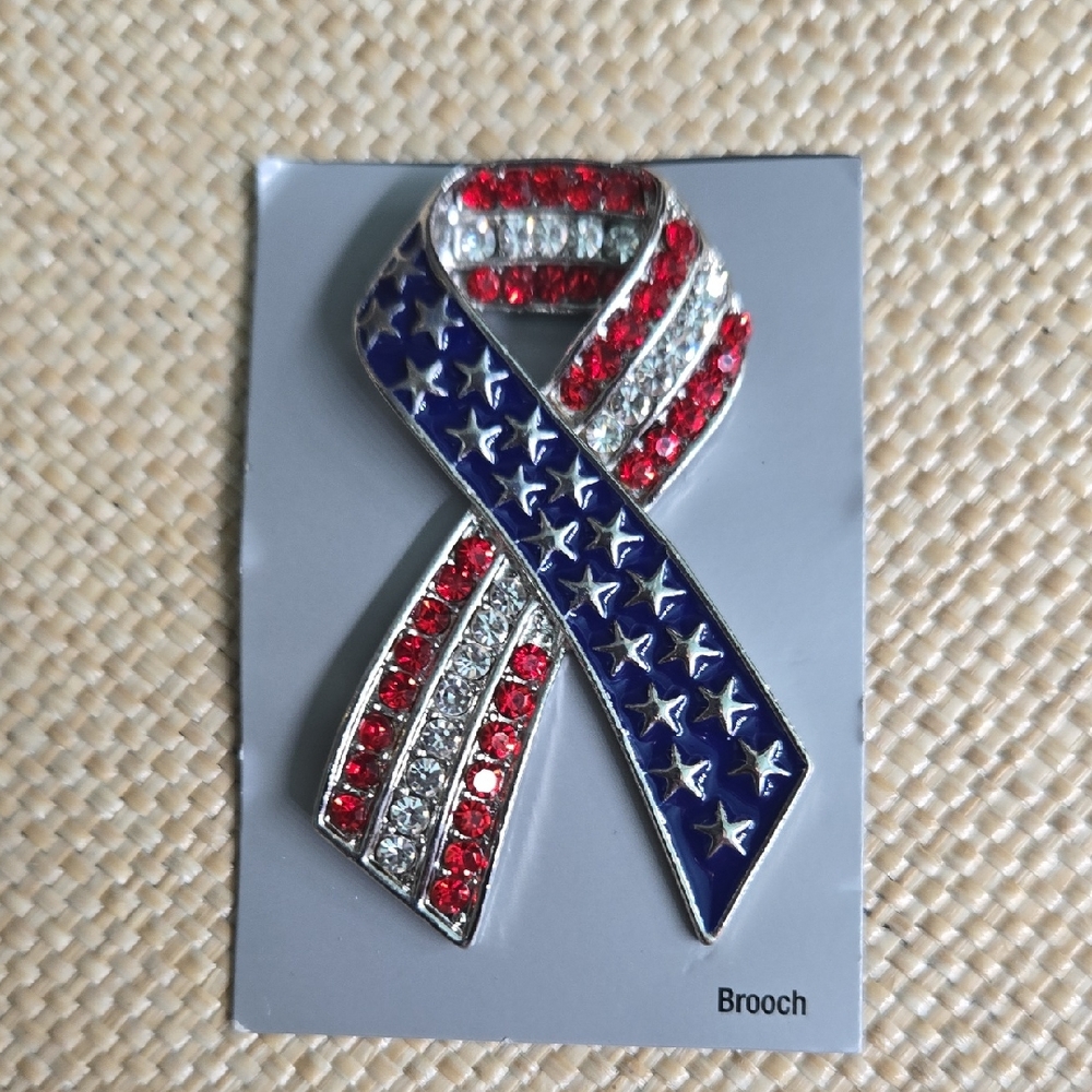 Patriotic Ribbon Brooch with Red, White, and Blue Crystals